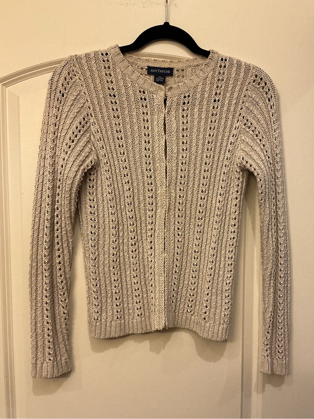 Ann Taylor Vintage Linen Cotton Pointelle Open Knit Cardigan Sweater Ivory XS